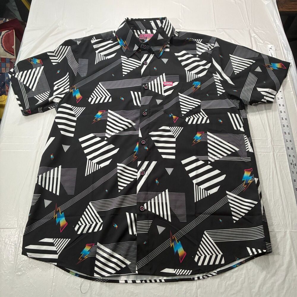 Dixxon Shirt Mens Large Black Church Music Geometric Lightning Button Front - Picture 2 of 9